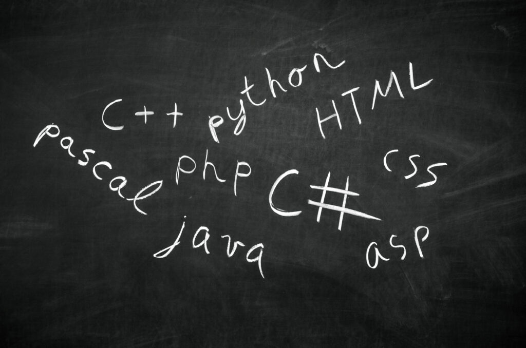 Several programming languages names written in on the blackboard